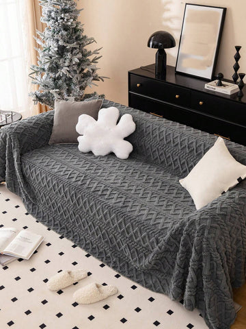 1pc Solid Color Jacquard Soft Flannel Sofa Cover, Cozy & Comfortable, Pet Hair Resistant, Non-Slip, Machine Washable, Easy To Clean, Suitable For Holiday Decoration