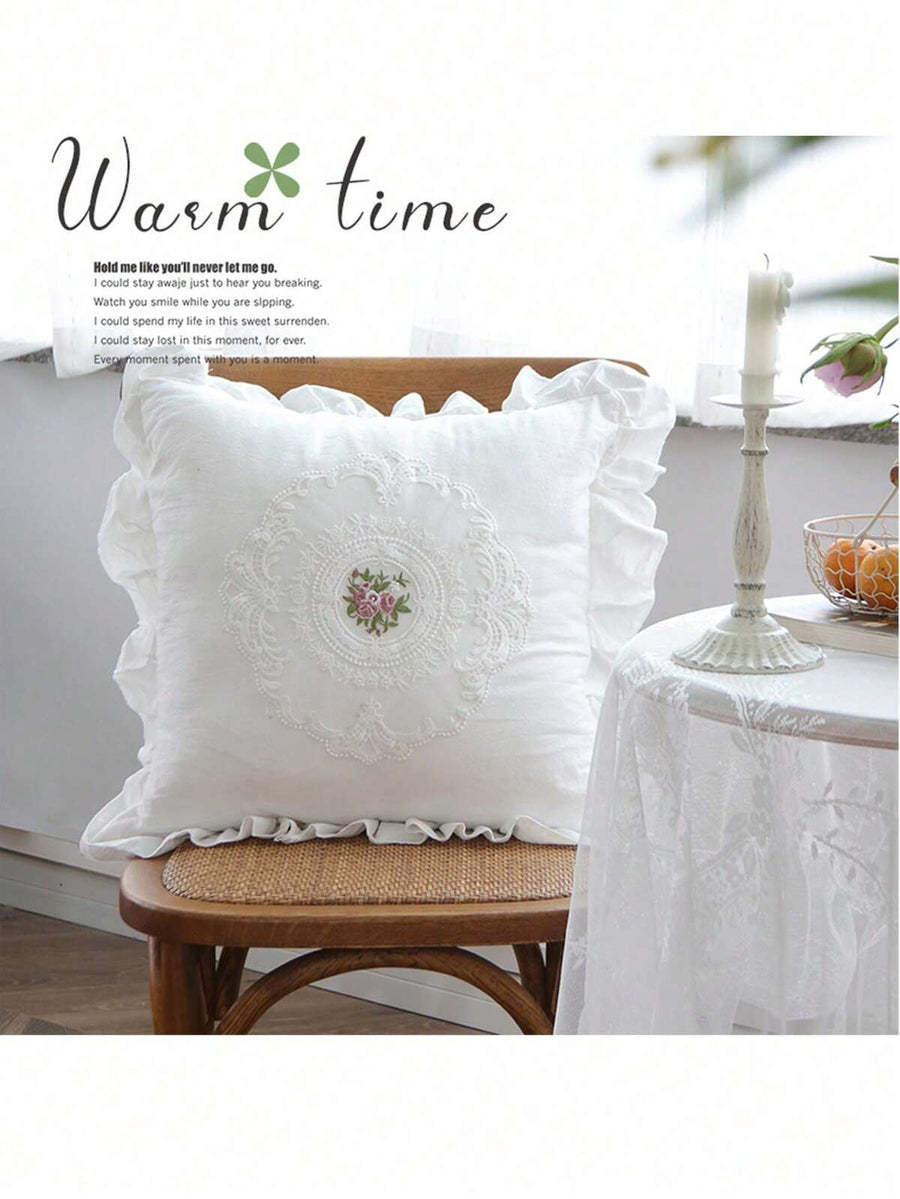1pc Washed Lace Ruffle Decorative Pillow/Lumbar Cushion Cover, Vintage French Lace Trim, For Living Room Sofa Decor (Without Pillow Insert)
