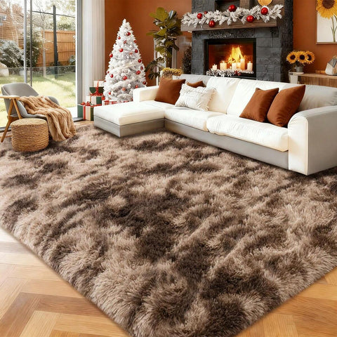 Ivory Fluffy Shag Rug For Bedroom, Soft Plush Shaggy Area Rug For Living Room, Modern Cozy Carpet, Non-Slip Backing, Bonus 4 Rug Grippers Included, Dorm Home Decor, Sizes 4x6 5x7 6x9 8x10 9x12,Tie Dye Brown Rug