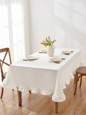 1 Piece Plain Color Solid Color White Printed Ruffle Trim Tablecloth Dirt-Resistant Beautiful Dress Up Restaurant Dress Up Table Suitable For Family Dinner, Daily Use, Banquet Use, Wedding Use, Festival, Party Dress Up